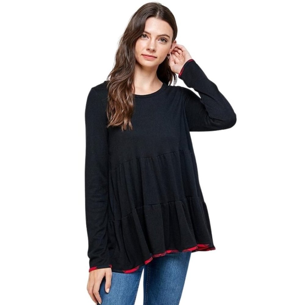 Twenty Ten Black Long Sleeve Layered Knit Top with Red Plaid Accents TTP-613CM